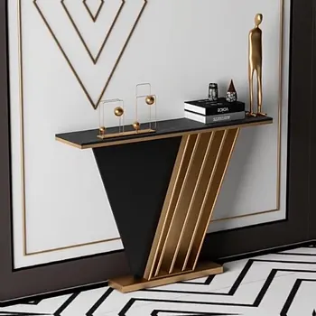 Modern minimalist living room decoration shelf against the wall entrance corridor light luxury rock slab gold console table