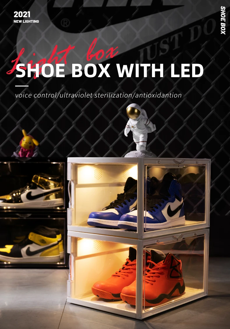 Side Open Plastic Acrylic Led Light Shoes Display Box Voice Control Led