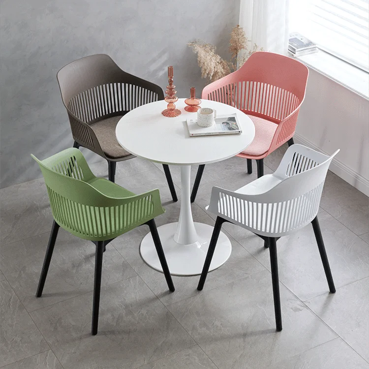 Light Luxury Colored Restaurant Plastic Chair Stackable Dinning Armrest  Chairwith Fabric Cushion Metal Legs