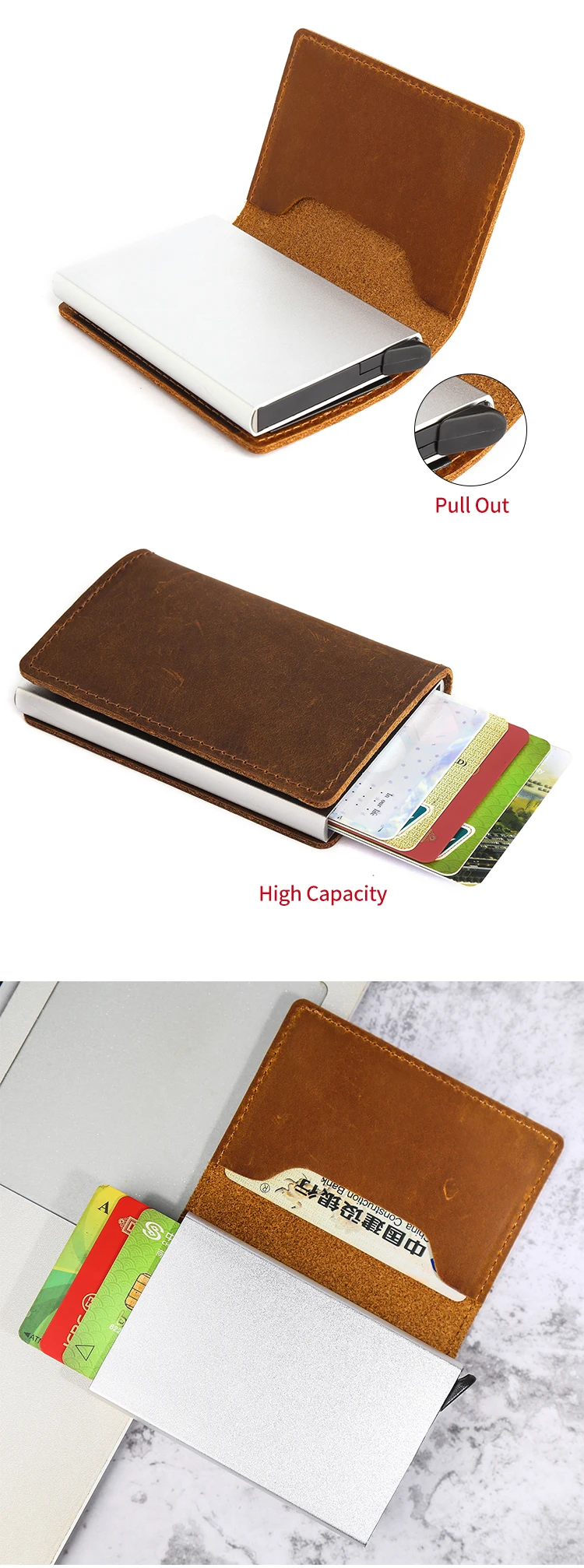 New Custom Aluminum Id One Touch Card Holders Case Rfid Blocking Pop Up Leather Travel Credit
