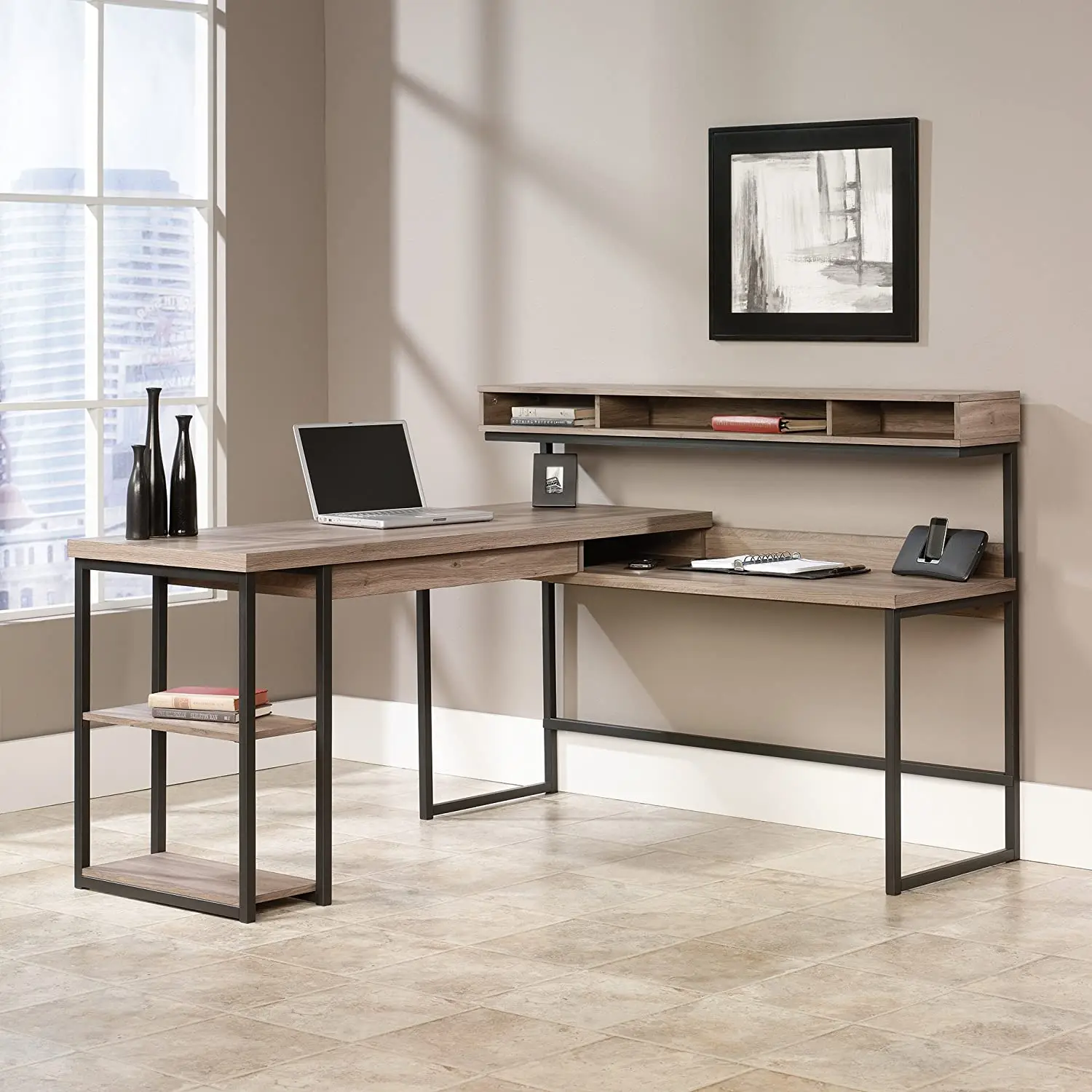 Multi-purpose Flat L shape Home Office Computer Desk with Shelves