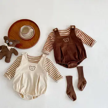 Spring cotton baby romper striped T-shirt bear embroidered suspenders triangle two-piece baby suit