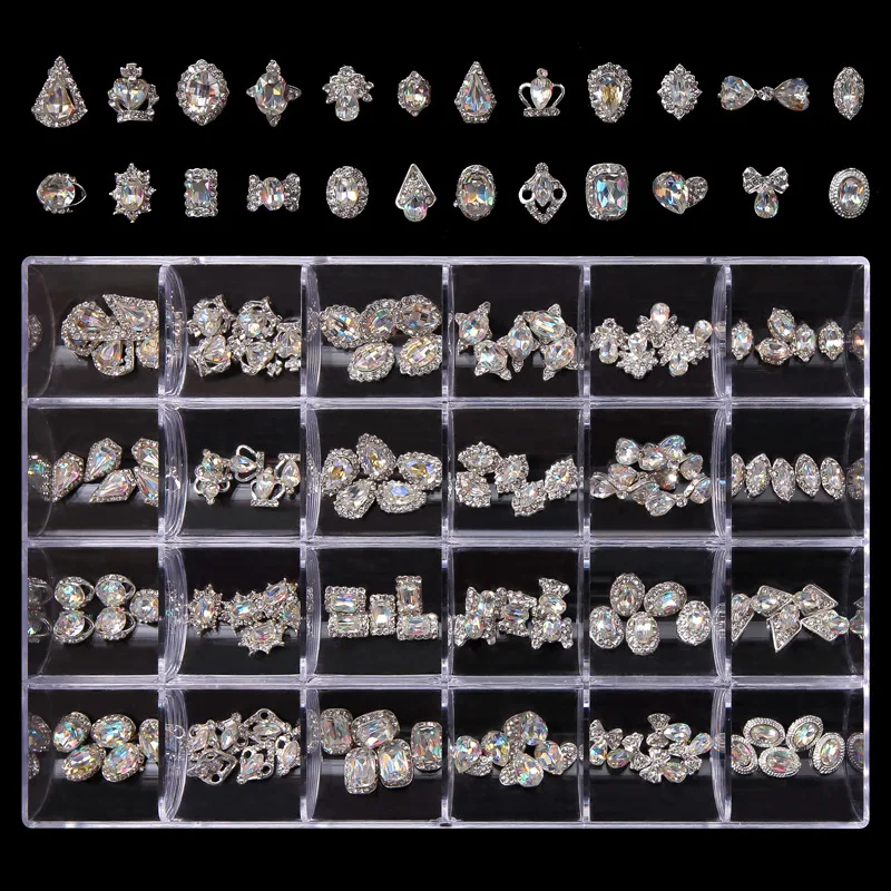 product 24 grid nail supplies jewelry with rhinestone charms 3d nail art stickers decoration for nail diy-34