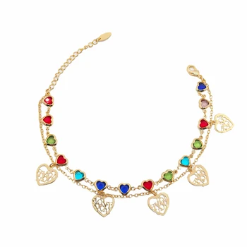 Women's 18K Gold Plated Copper Anklet Double-Layer Colored Heart-Shape Crystal with Zircon Fashionable Party Pearl Jewelry Gift