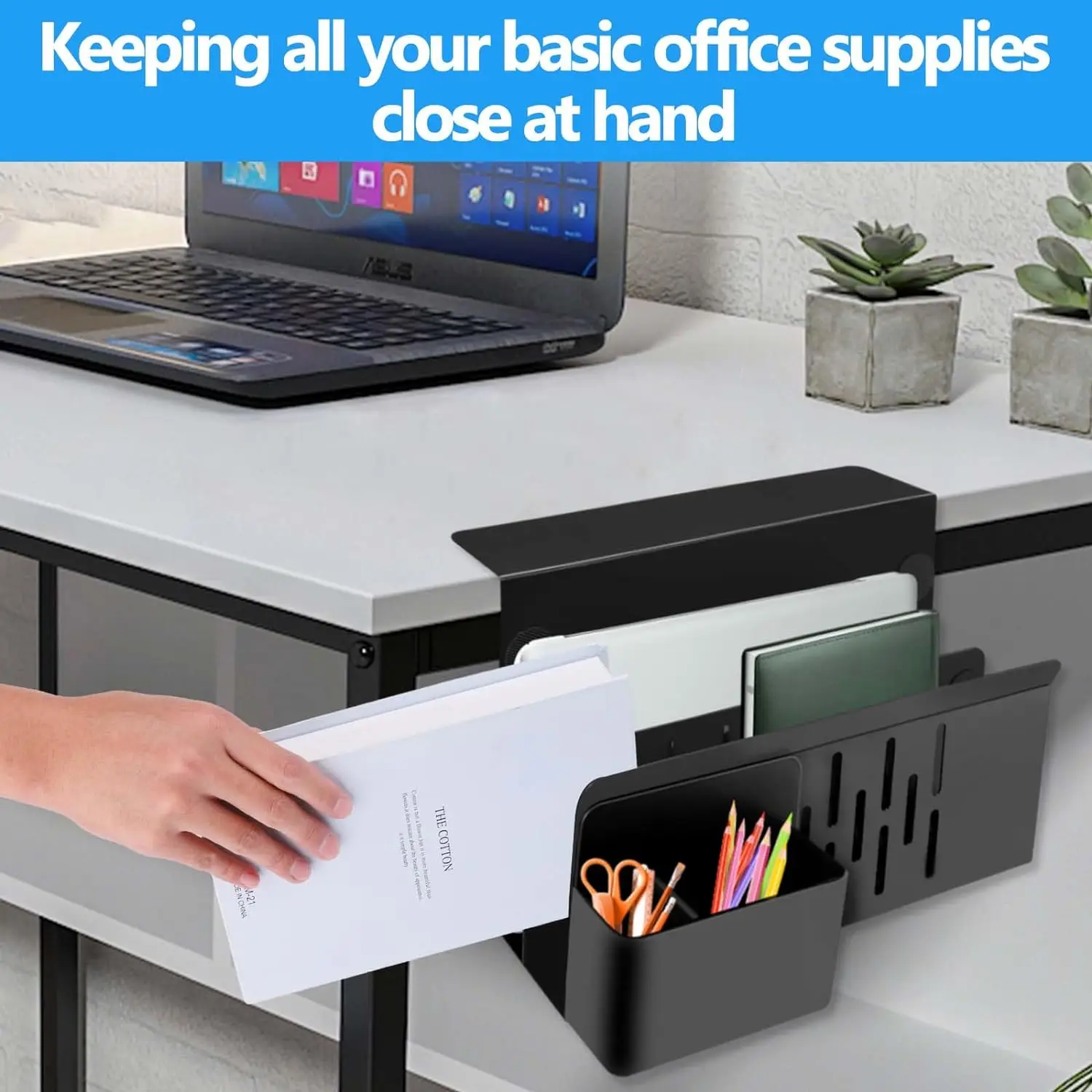 Volcora 2-Tier Desk Side Storage Organizer - Magnetic Pen Holder, Cable Clamp, No Drill Installation