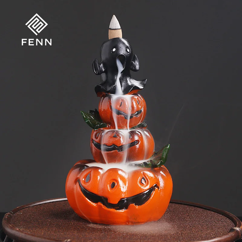 FENN Halloween Ghost Festival Backflow Incense Burner Gift Ceramic Pumpkin Waterfall Backflow Incense Burner Party Decoration