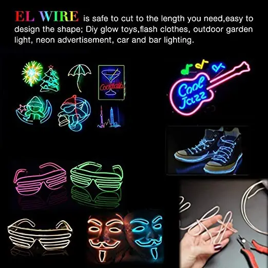 Parties EL Wire White Balabaxer 9ft Neon Lights Noise Reduction Neon Glowing Strobing Electroluminescent Wire for Halloween Blacklight Run,DIY Decoration 