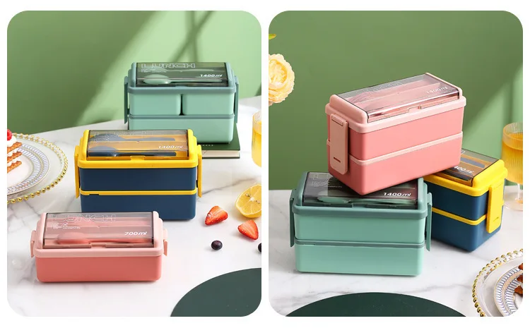 Multiple Container Lunch Box Double Layer Portable Lunch Box For Kids With Fork And Spoon Microwave ...