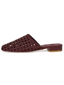 Women Burgundy Woven Leather Mules Low Block Heel Luxury Summer Casual Comfort Slip on Shoes Beach Resort Wholesale