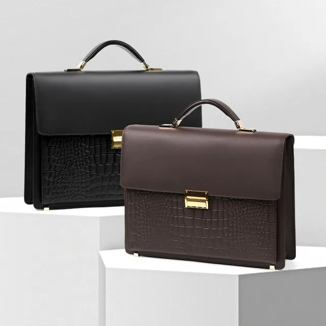 Men's Waterproof Genuine Leather Briefcase Business Laptop Bag with Anti-Theft Combination Lock Versatile Handheld Office Sack