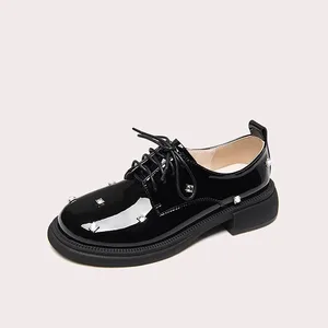 Lily Wei New Girl's Black Leather Shoes Fashion Soles Breathable Princess Women British Style Ankle Loafers Lace-up