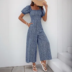 Summer casual full-print jumpsuit 2025 square collar puffed-sleeve long pants wide-leg jumpsuit