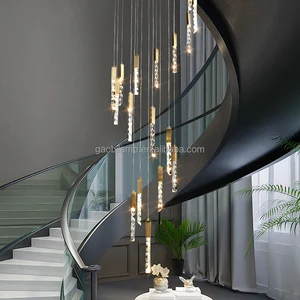Custom High Ceiling Rectangle Staircase Chandeliers Aluminum Remote Control Adjustable Height Warm White Light 4000K for Villas
