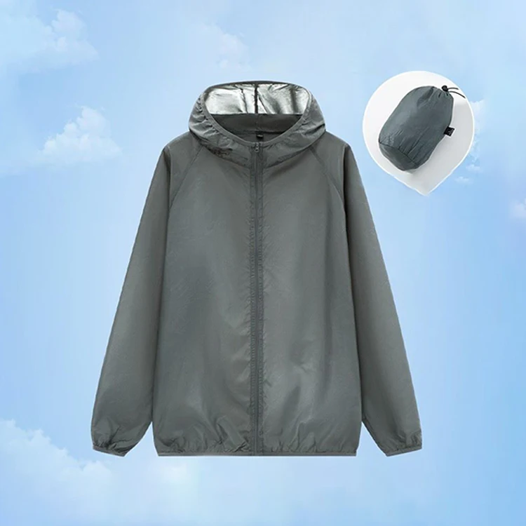 Hooded sun protection jacket, 100% polyester, UPF50+ waterproof, lightweight outdoor cycling jacket, unisex.
