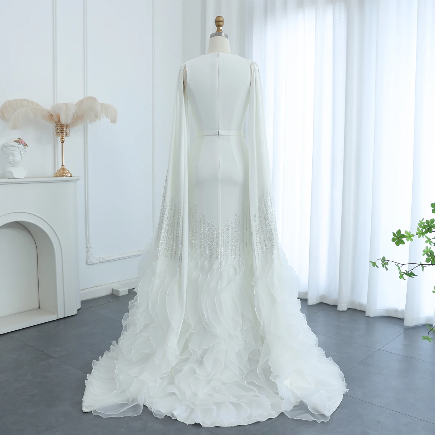 Sharon Said SS440 Luxury Tiered Ruffles White Muslim Evening Dresses Long  Sleeves Mermaid Arabic Women Wedding Party Gown