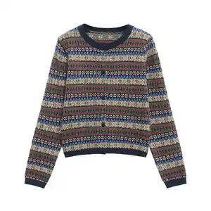 Autumn Women's Vintage Retro Joker Jacquard Crewneck Knitted Polyester Long Sleeve Cardigan