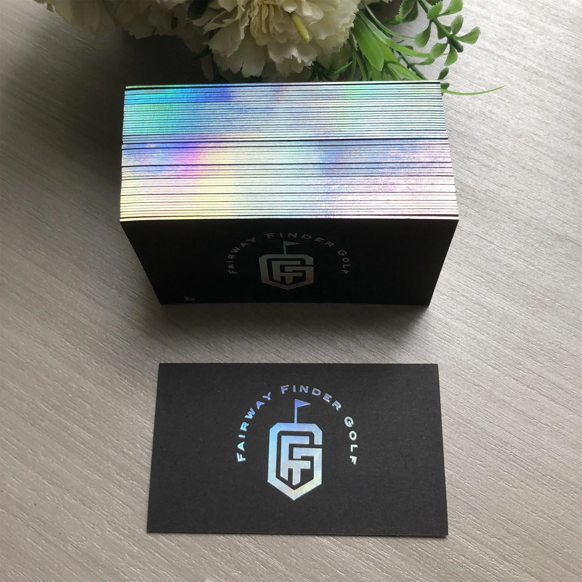 Customisable Coloured Holographic Rainbow Edge Business Card with Foil Logo Visiting Card in Cardboard Material Customisable Coloured Holographic Rainbow Edge Business Card with Foil Logo Visiting Card in Cardboard Material