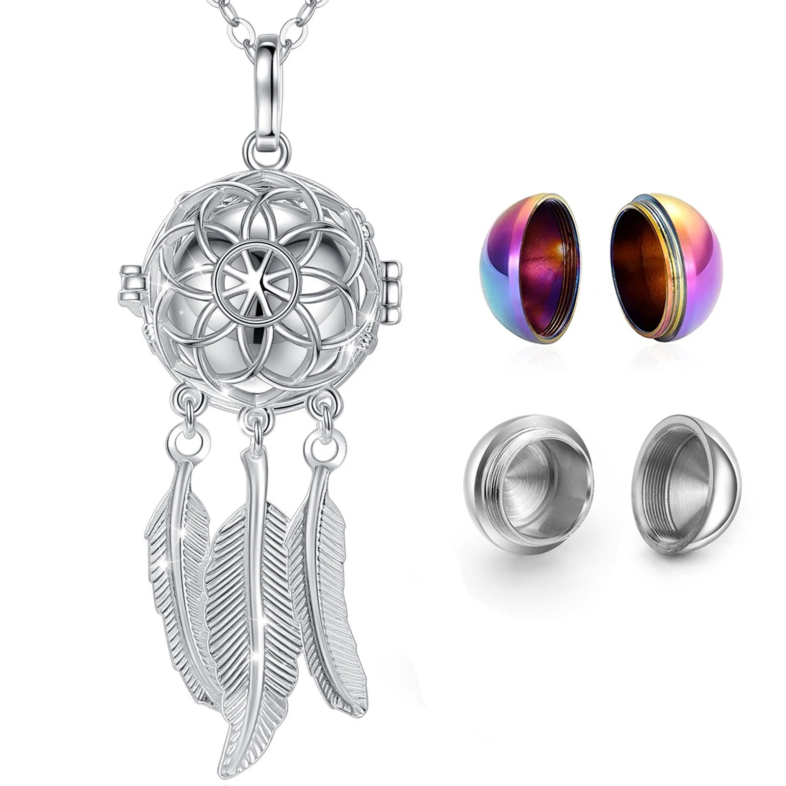 Cremation Jewelry Urn Necklace for Ashes for Women Men Feather Keepsake Dream Catcher Hollow Pendants in Memory of Human Pets
