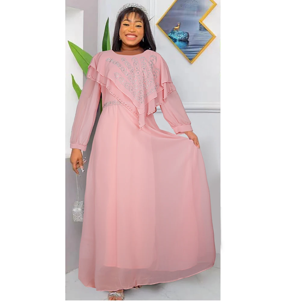 H & D New Fashion Print Dresses for Women Chiffon Dress With Beads Long  Sleeve Elegant Ladies Clothes