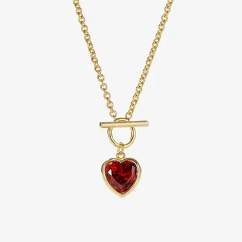 Wholesale Custom PVD 18K Gold Plated Stainless Steel Jewelry Single Red Garnet Stone Heart Pendant Necklace for Women