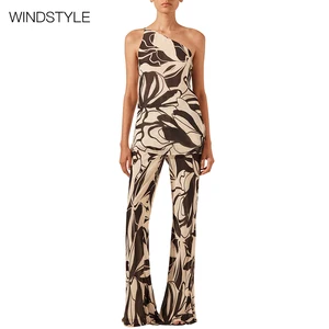 Custom Satin Women's Fashion 2-Piece Set Long Printed Casual Sling Waist Flared Pants with Above Knee Top Available