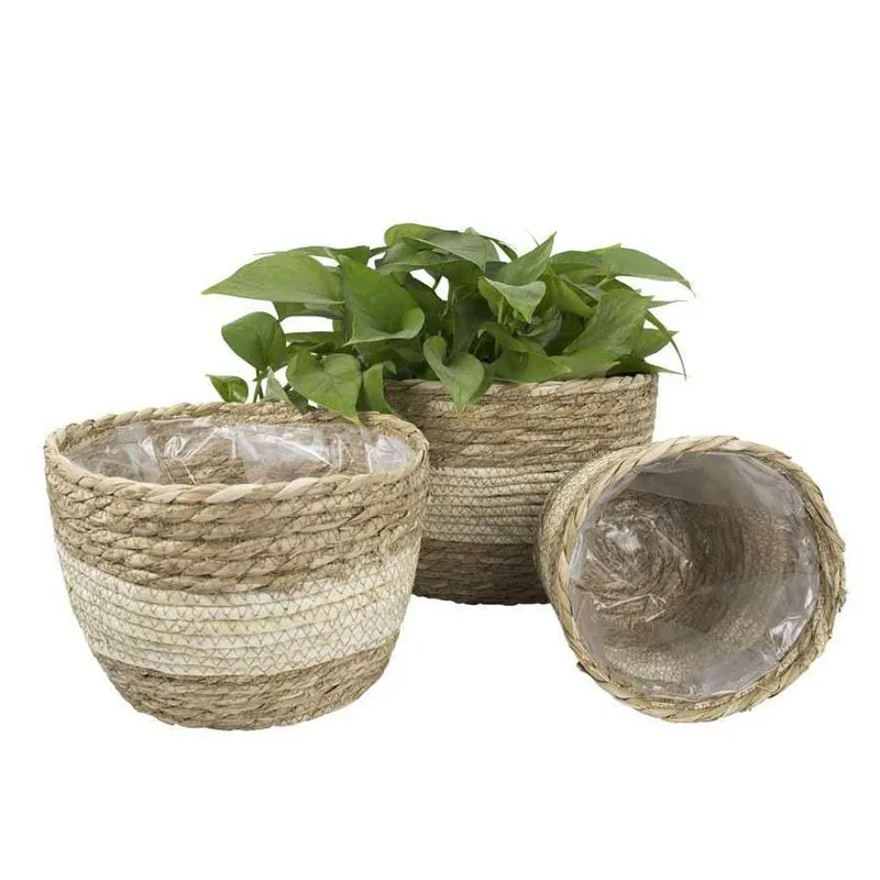 Natural Seagrass Plant Basket Woven Plant Pot Cover With Plastic Liner