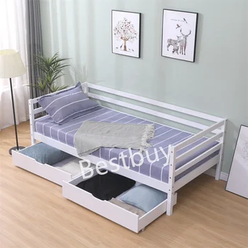 White Pine wood modern single wooden bed with Storage 2 Drawers Bed Furniture Frame For Adults, Kids, Teenagers