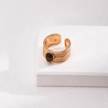 High Quality INS French Fashion Vintage Natural Tigereye Titanium Steel   Female 18K Gold Stainless Steel Ring
