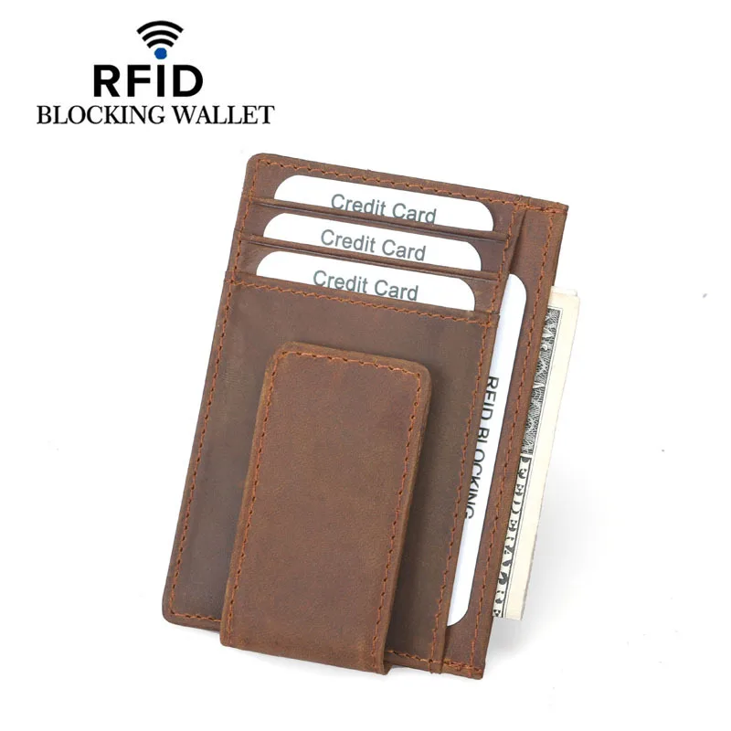 Money Clip Wallet, RFID Blocking, Crazy Horse Leather