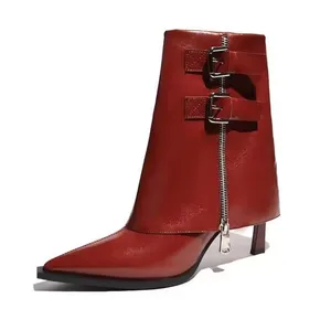 Lady New Designed Pointy Straight Shaft Metal Buckle High Heel Shark Lock Boots Women's Ankle Boot Street Wear