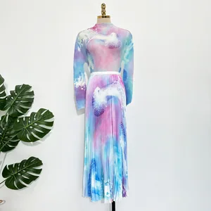 Factory Wholesale Women's Elegant Set Design Stretch Top and Skirt Set Miyake Pleated Two-piece Polyester Fabric