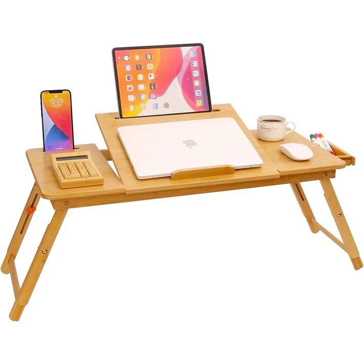 Adjustable Height Angle Foldable Storage Drawer Portable Tray Table Stand,Bamboo Laptop Desk for Bed