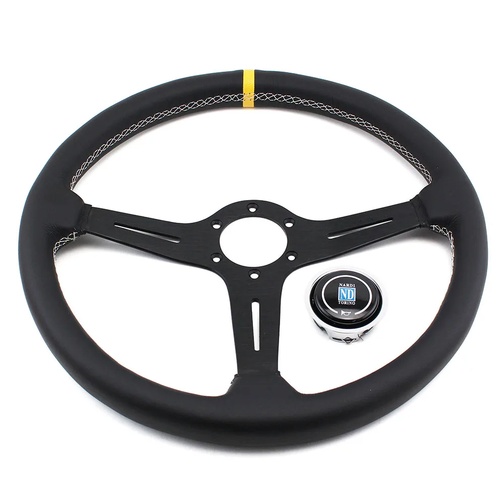 Universal 15 Inch 380mm Classic Leather Black Spoke Steering Wheel Flat