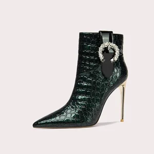 Women's Customizable Gold Chain Stone Print Ankle Boots with High Heel Pointed Toe Fashion Booty in Big Size 43 Side Zip Access