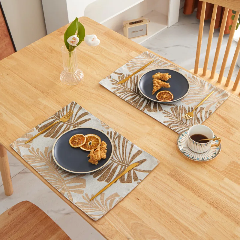 Nordic Style Dingin Table Jacquard Placemat Linen Cotton Restaurant Table Mats with Leaves Pattern