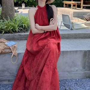 Summer Women'S Dresses Hightweight Ladies Linen Dress Custom Own Logo Solid Red Plus Size Long Casual Dresses for Women