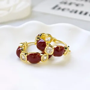 Ilona Factory Wholesale 14K Gold Plated Wine Red Zircon Hoop Earrings Women Fashionable Christmas Copper Jewelry Earrings