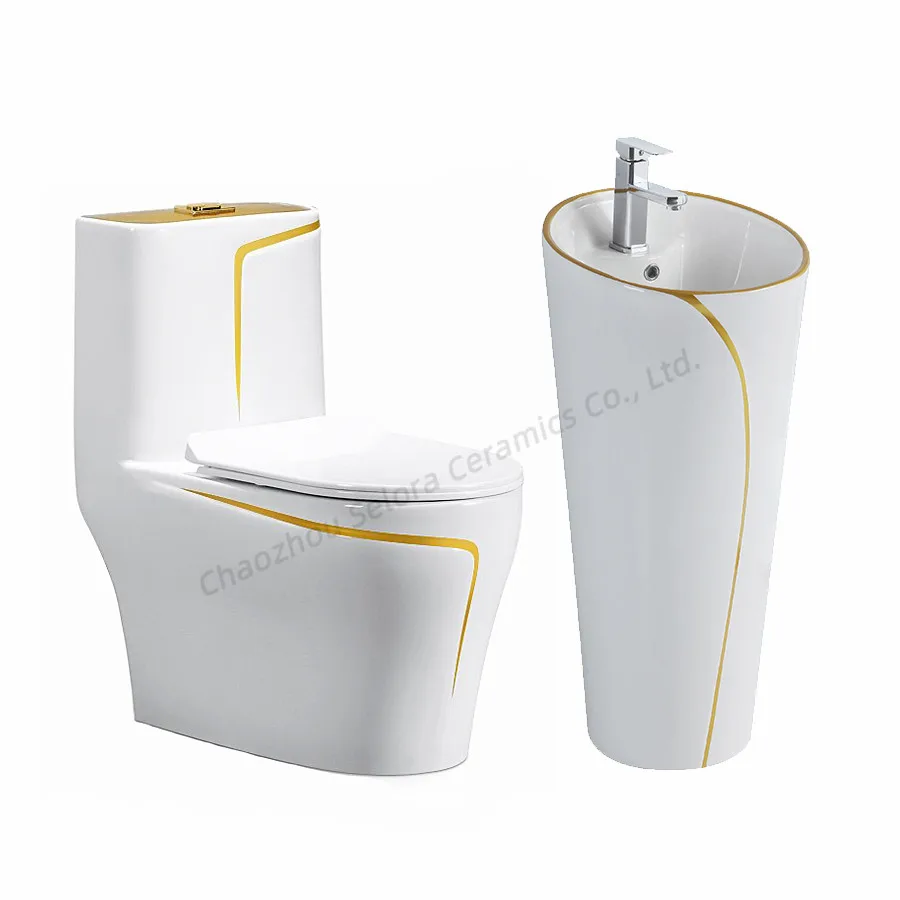 Golden Luxury Bathroom Sanitary Ware Suite Wc One Piece Ceramic Commode Basin Toilet Bowl Gold 7730