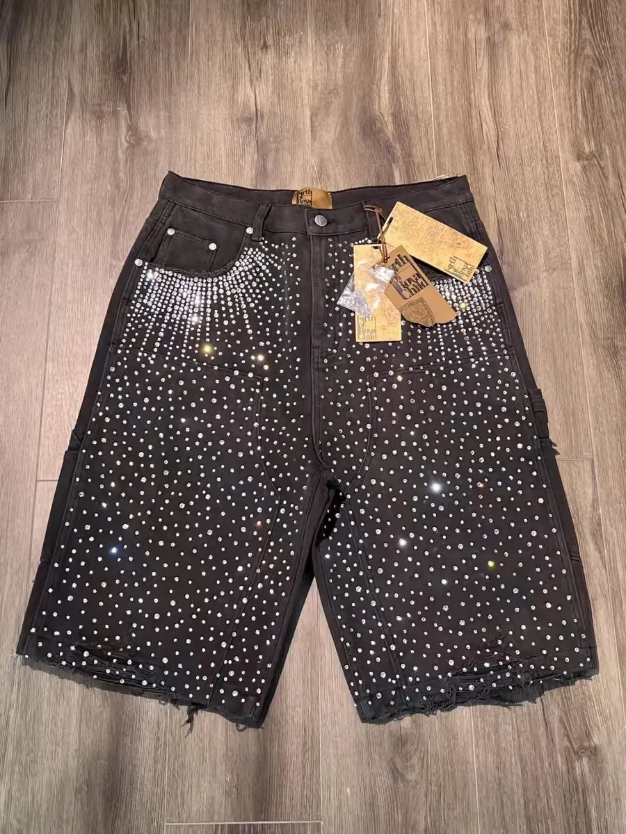 Custom High Quality Cotton Half-knee Baggy Straight Leg Vintage Distressed All Over Rhinestone Denim Jeans Shorts Jorts for Men gallery 7