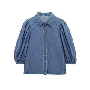 Cross-border European and American Women's AliExpress Explosion Denim Lapel Puffy Sleeve Quick Dry Regular Fit Socialite Shirt