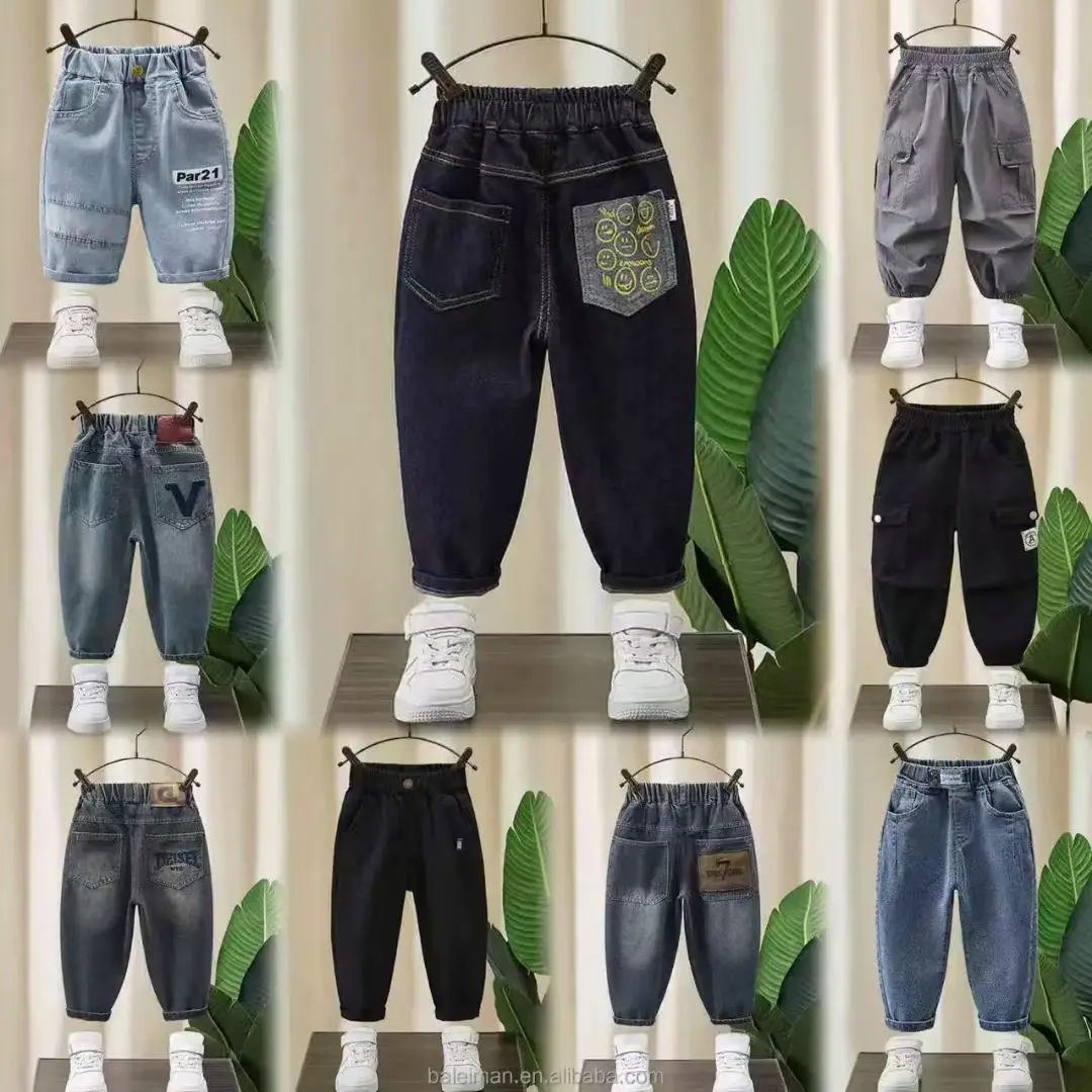 Spring Summer Classic Washed Denim Solid Colour Cotton Boys Kids Jeans Pants