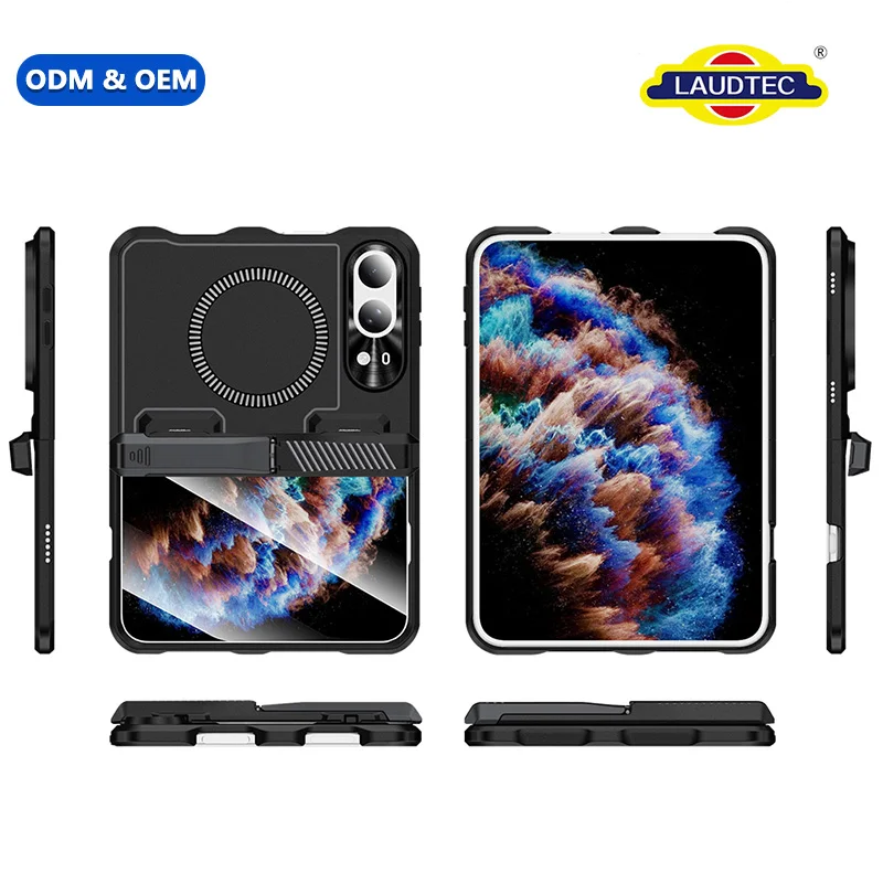 New Arrival for iPhone Duo Magnetic Foldable Case Built-in Magnet Ring Wireless Charging Hybrid Cover With Strip Stand
