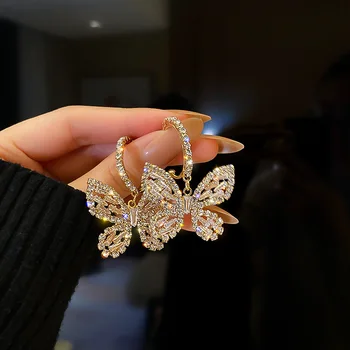New Style Fashion Golden Zircon C Hoop Butterfly Earrings Blue Rhinestone Butterfly Drop Earring For Girls
