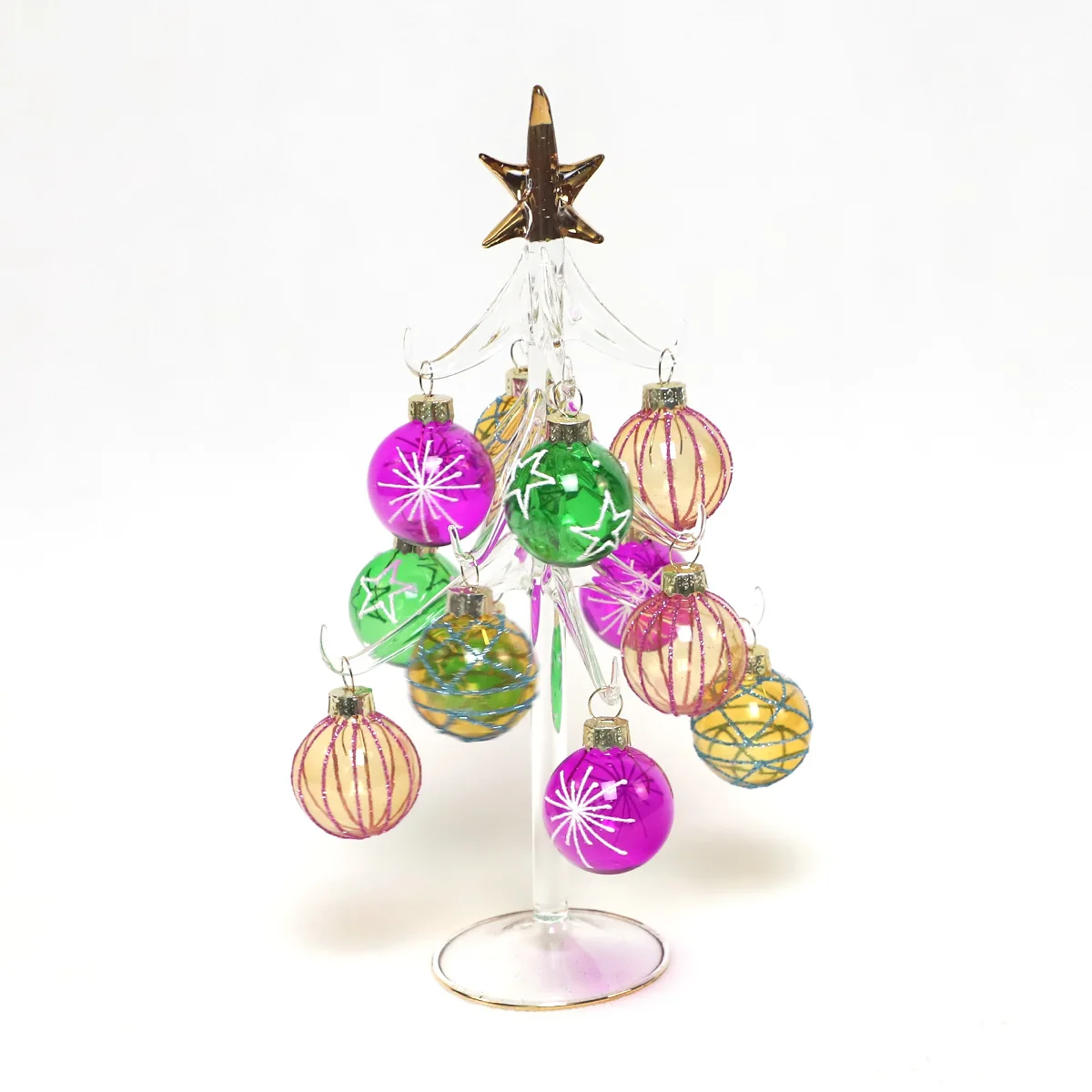 Hot sale decoration small clear hand painted blown glass Christmas tree with mini hanging bauble ball ornaments