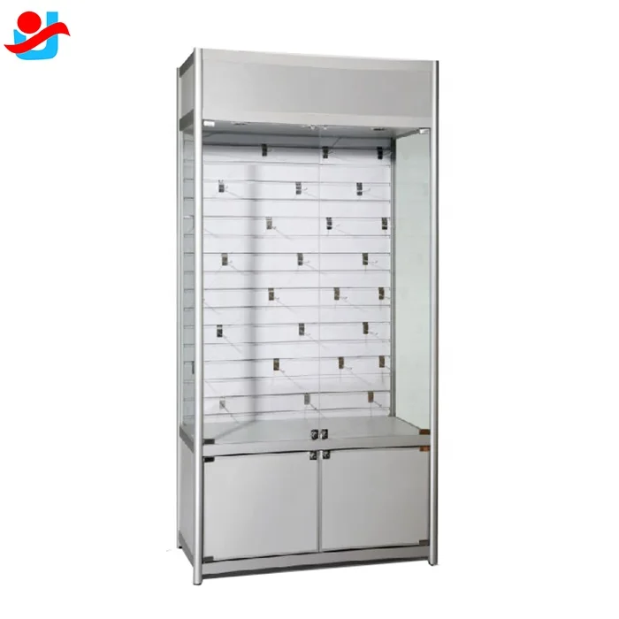 Slat Wall Design Smoke Shop Display Cases Aluminium Cabinet with Glass for Jewelry Store Display Elegant Perfume Shop Interior