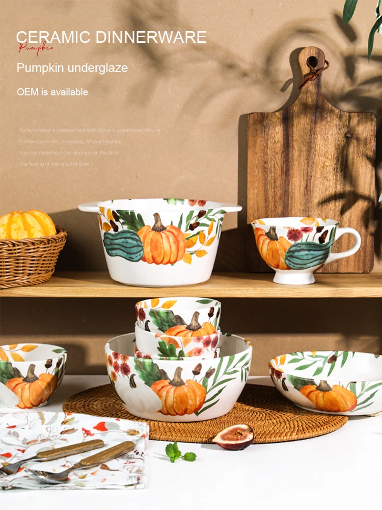 Hot sales oem custom pattern ceramic pumpkin dinner set underglaze color purcelain kitchen dinnerware sets Alibaba