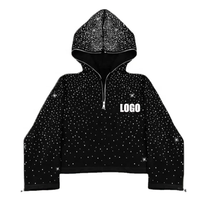 Salati Clothing Manufacture Hot Pressing Drilling Bling Diamond Quarter Zip Cropped Acid Wash Rhinestone Men's Hoodie Sweatshirt