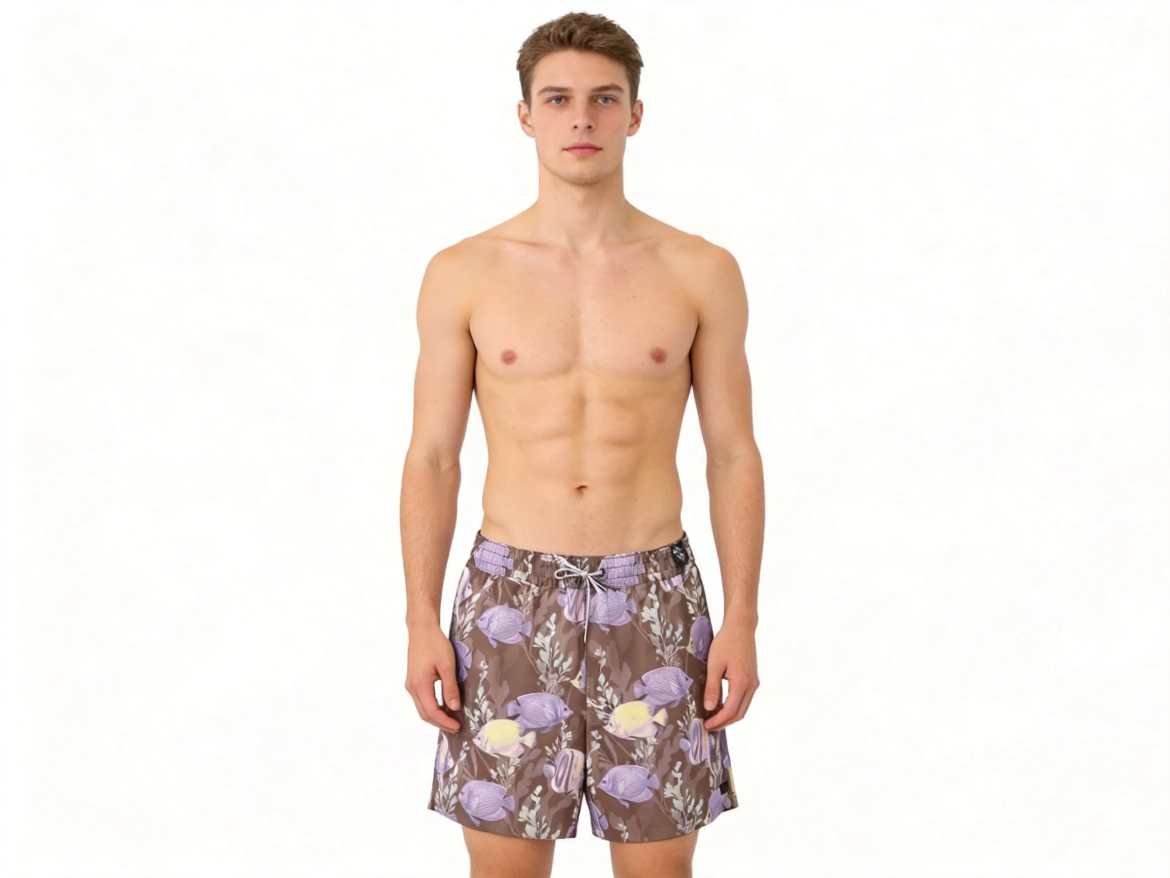 Shorts de bain pour homme à imprimé poisson, shorty de bain à empiècements contrastés, taille élastique, séchage rapide, vêtements de plage