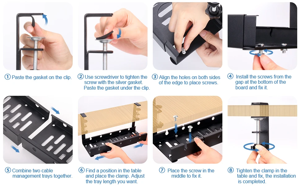 No Drilling Extendable Under Desk Cable Management Metal Cable Tray Under  Desk with Clamp Retractable Power Strip Cord Holder