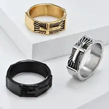 Fashion Men's Chunky Cross Ring Religious Catholic Stainless Steel Jewelry Gold Plated Seal for Gift Party
